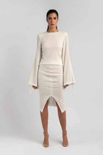 HIGH WAIST SEQUIN SKIRT WITH CENTRE SLIT & DRAWSTRINGS IN IVORY/CREAM - ANITABEL