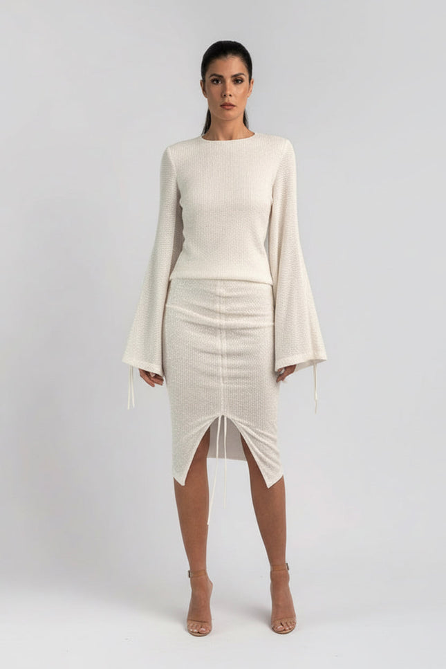 HIGH WAIST SEQUIN SKIRT WITH CENTRE SLIT & DRAWSTRINGS IN IVORY/CREAM - ANITABEL