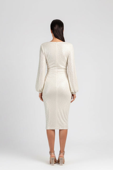 HIGH WAIST SEQUIN SKIRT WITH CENTRE SLIT & DRAWSTRINGS IN IVORY/CREAM - ANITABEL