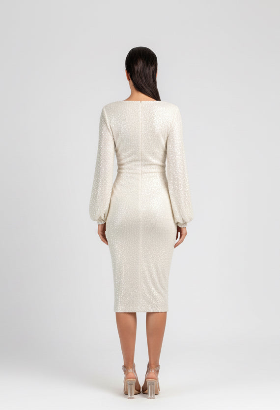 HIGH WAIST SEQUIN SKIRT WITH CENTRE SLIT & DRAWSTRINGS IN IVORY/CREAM - ANITABEL