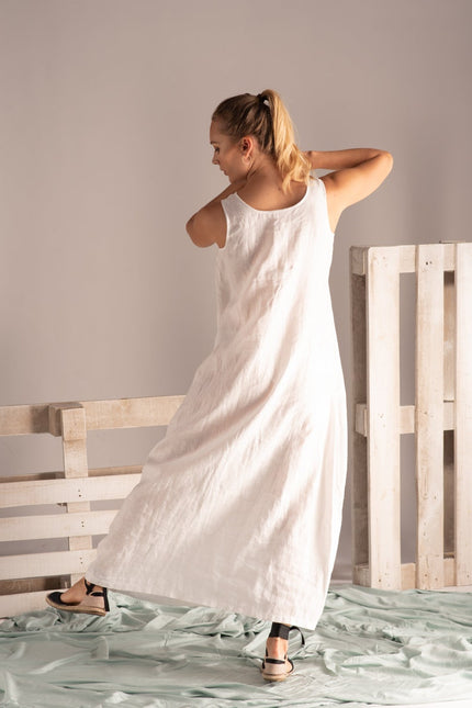 Minimalist Linen Maxi Dress paired with a denim jacket - from NikkaPlace | Effortless fashion for easy living