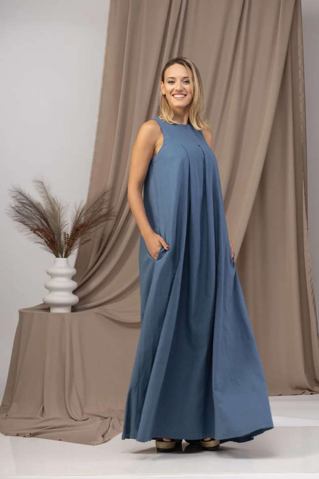 Long blue linen summer dress with flow