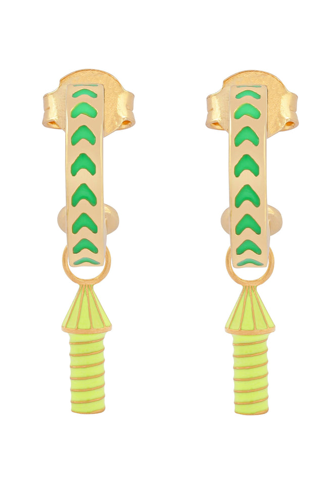image of rocket enamel earrings in green and neon yellow and gold on a white background