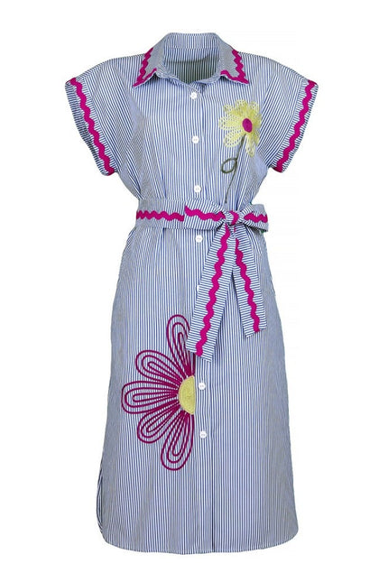 Lalipop Design | Pinstripe Midi Dress With Flower Embroidery