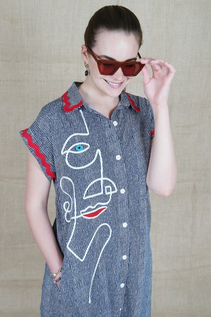 Lalipop Design | Pinstripe Midi Dress With Face Embroidery