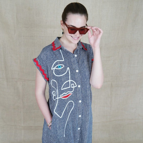 Lalipop Design | Pinstripe Midi Dress With Face Embroidery