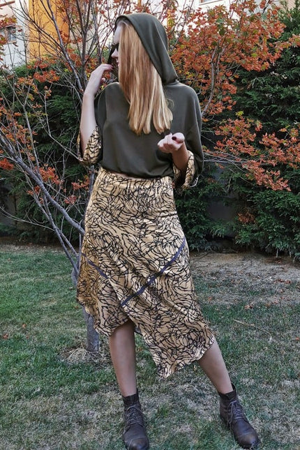 Lalipop Design | Asymmetric Matt Gold Midi Skirt With Khaki Stripes