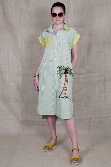 Lalipop Design | Pinstripe Midi Dress With Sun & Palm Tree Embroidery