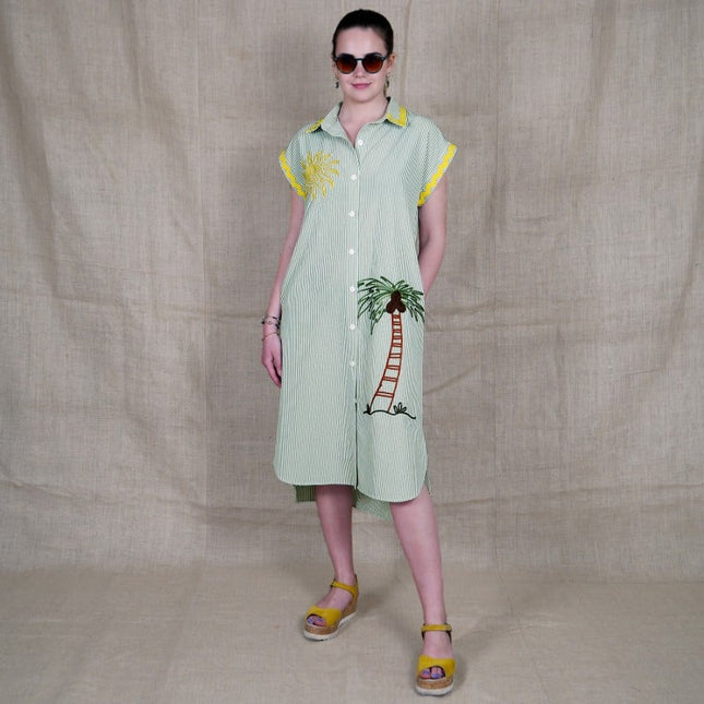 Lalipop Design | Pinstripe Midi Dress With Sun & Palm Tree Embroidery