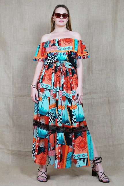 Lalipop Design | Off-Shoulder Multi Collar Maxi Dress With Pompon Details