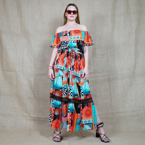 Lalipop Design | Off-Shoulder Multi Collar Maxi Dress With Pompon Details