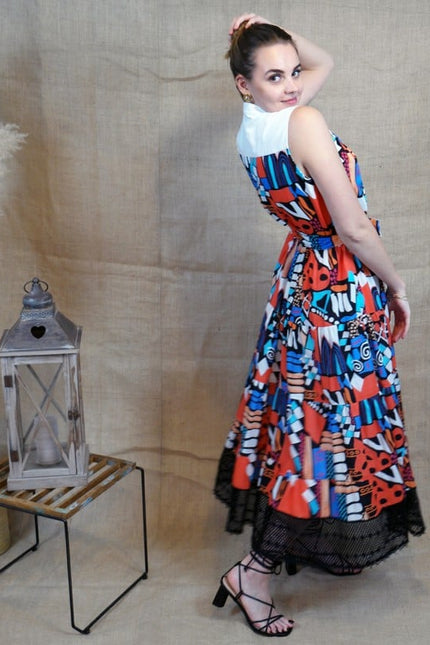 Lalipop Design | Long Sleeveless Voile Midi Dress with Black Embroidery Detail
