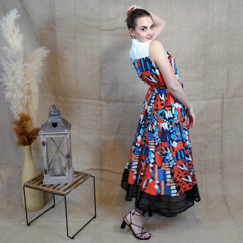 Lalipop Design | Long Sleeveless Voile Midi Dress with Black Embroidery Detail