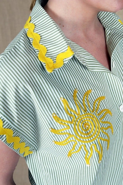 Lalipop Design | Pinstripe Midi Dress With Sun & Palm Tree Embroidery