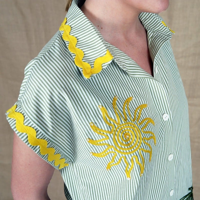 Lalipop Design | Pinstripe Midi Dress With Sun & Palm Tree Embroidery