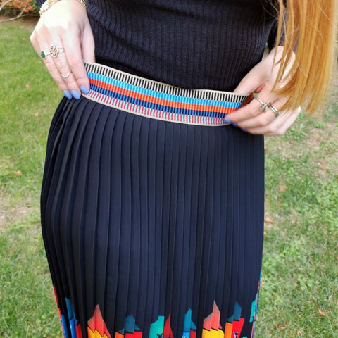 Lalipop Design | Pleated Midi Skirt with Colorful House Prints
