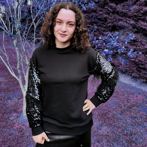 Lalipop Design | Shimmering Sequin Sleeve Sweatshirt with Black Faux Feathers