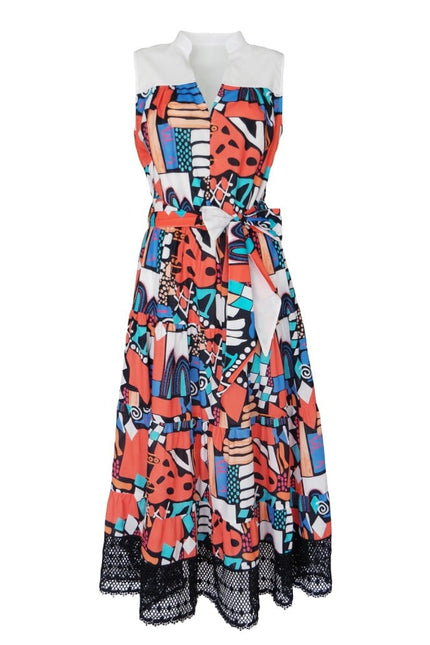 Lalipop Design | Long Sleeveless Voile Midi Dress with Black Embroidery Detail