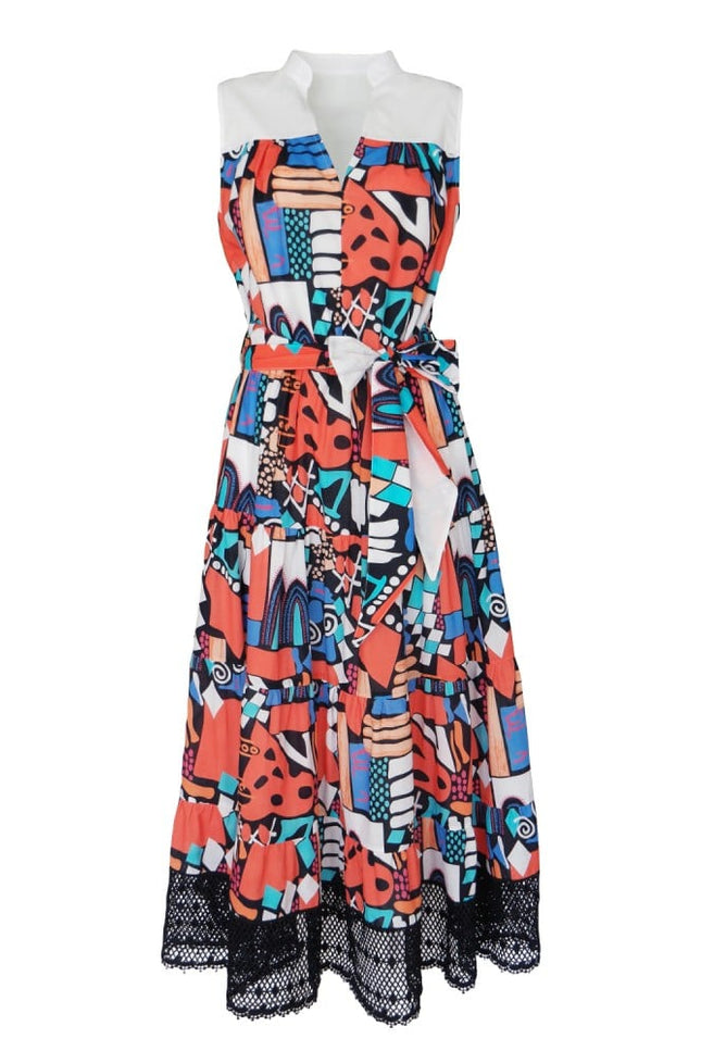 Lalipop Design | Long Sleeveless Voile Midi Dress with Black Embroidery Detail