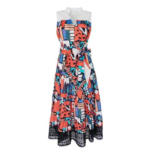 Lalipop Design | Long Sleeveless Voile Midi Dress with Black Embroidery Detail