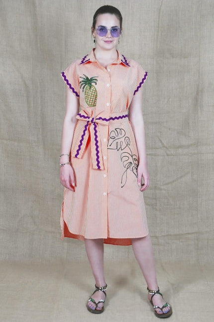 Lalipop Design | Pinstripe Midi Dress With Pineapple Embroidery
