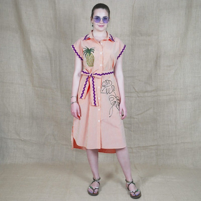 Lalipop Design | Pinstripe Midi Dress With Pineapple Embroidery