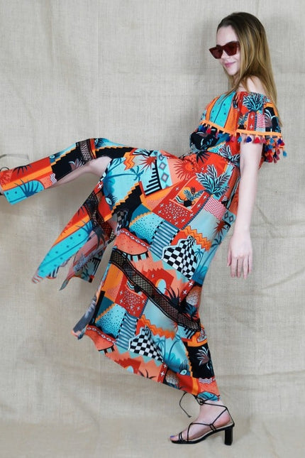 Lalipop Design | Off-Shoulder Multi Collar Maxi Dress With Pompon Details