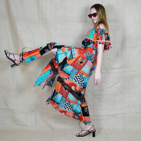 Lalipop Design | Off-Shoulder Multi Collar Maxi Dress With Pompon Details