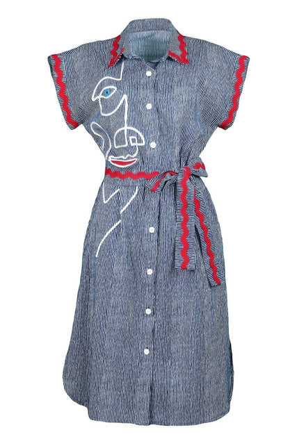 Lalipop Design | Pinstripe Midi Dress With Face Embroidery