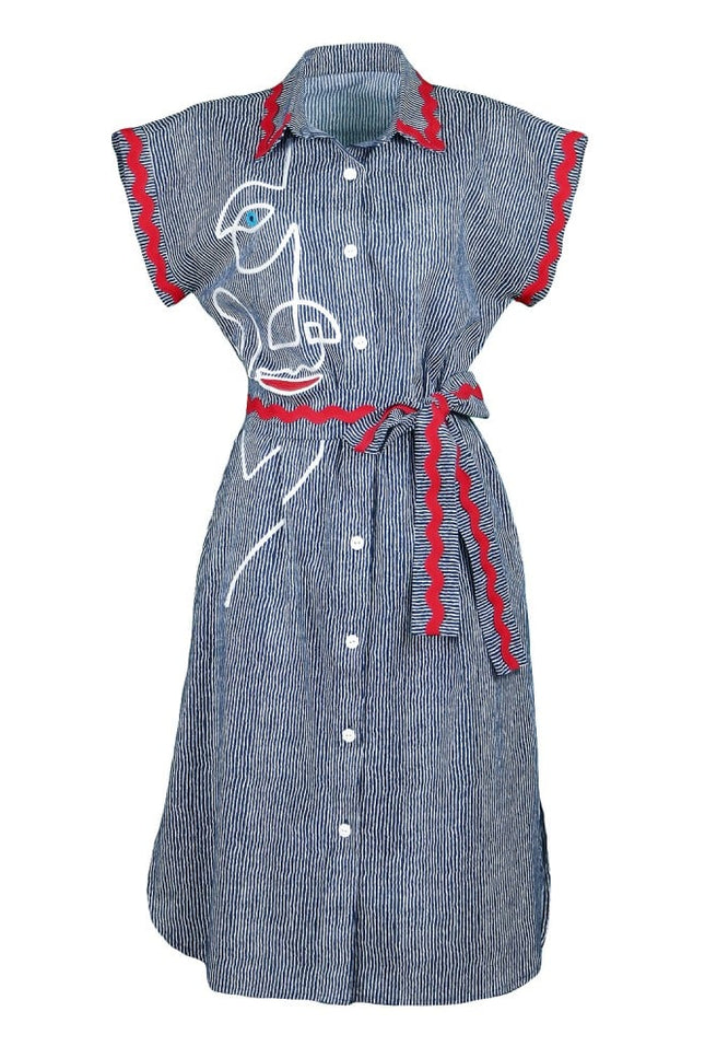 Lalipop Design | Pinstripe Midi Dress With Face Embroidery