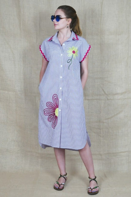 Lalipop Design | Pinstripe Midi Dress With Flower Embroidery