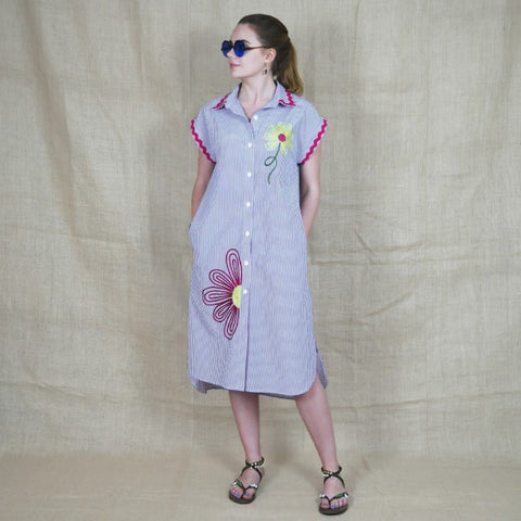 Lalipop Design | Pinstripe Midi Dress With Flower Embroidery