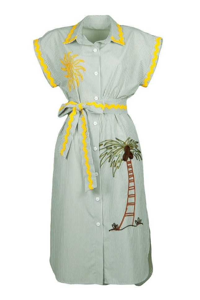Lalipop Design | Pinstripe Midi Dress With Sun & Palm Tree Embroidery