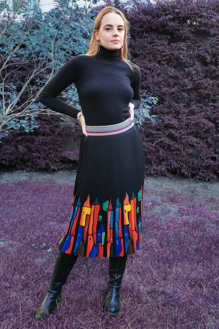 Lalipop Design | Pleated Midi Skirt with Colorful House Prints