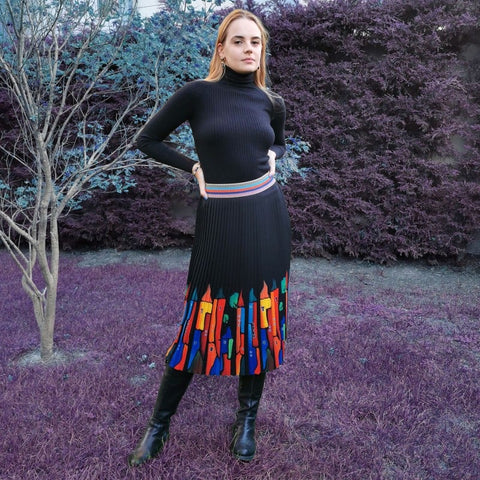 Lalipop Design | Pleated Midi Skirt with Colorful House Prints
