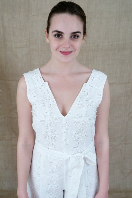 Lalipop Design | Embroidery Jumpsuit With Faux Pearl & Diamond Details