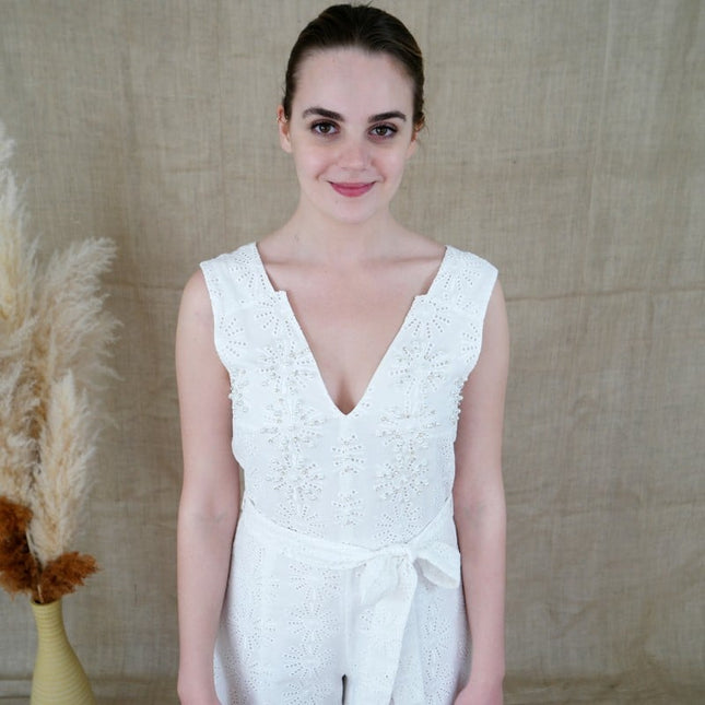 Lalipop Design | Embroidery Jumpsuit With Faux Pearl & Diamond Details