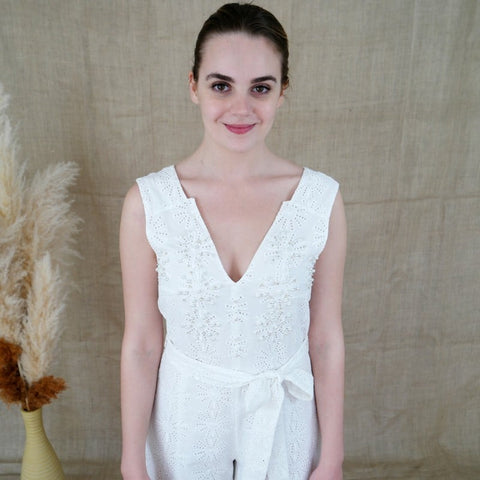 Lalipop Design | Embroidery Jumpsuit With Faux Pearl & Diamond Details