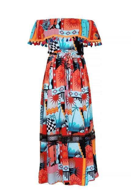 Lalipop Design | Off-Shoulder Multi Collar Maxi Dress With Pompon Details
