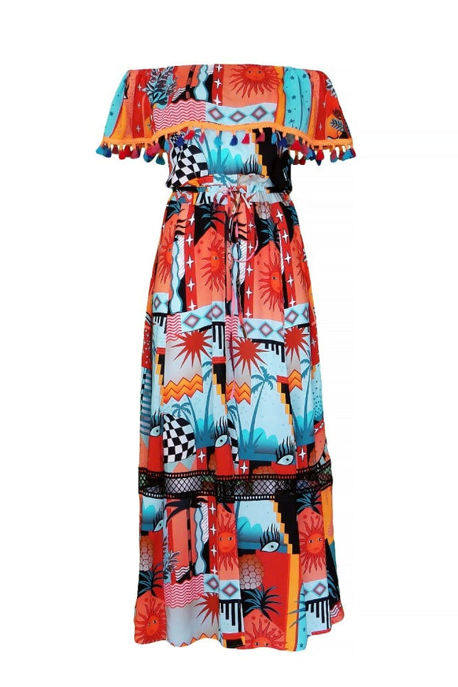 Lalipop Design | Off-Shoulder Multi Collar Maxi Dress With Pompon Details