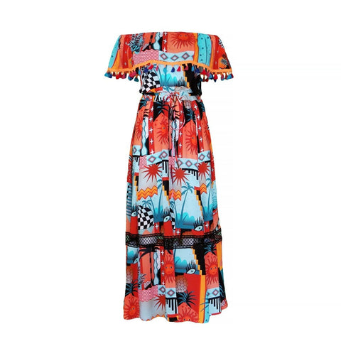 Lalipop Design | Off-Shoulder Multi Collar Maxi Dress With Pompon Details