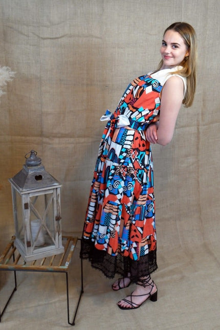 Lalipop Design | Long Sleeveless Voile Midi Dress with Black Embroidery Detail