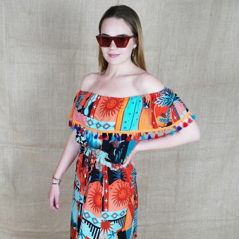 Lalipop Design | Off-Shoulder Multi Collar Maxi Dress With Pompon Details