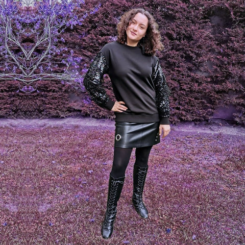 Lalipop Design | Shimmering Sequin Sleeve Sweatshirt with Black Faux Feathers