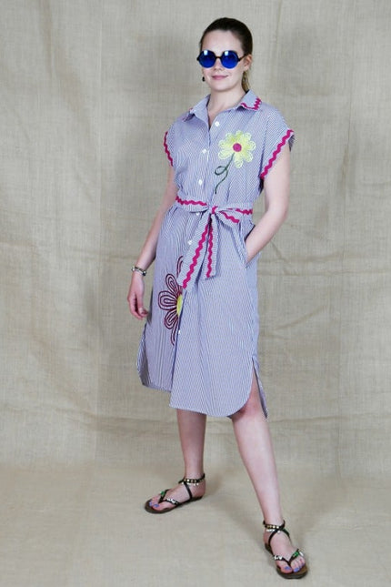 Lalipop Design | Pinstripe Midi Dress With Flower Embroidery