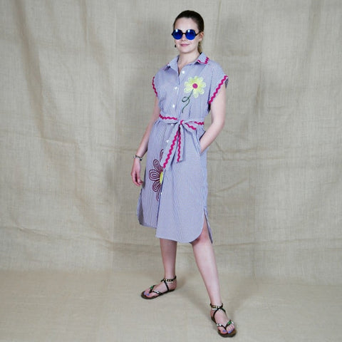 Lalipop Design | Pinstripe Midi Dress With Flower Embroidery