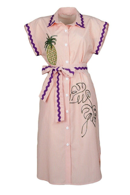 Lalipop Design | Pinstripe Midi Dress With Pineapple Embroidery