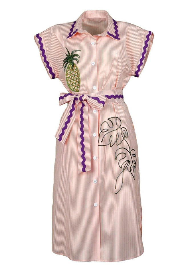 Lalipop Design | Pinstripe Midi Dress With Pineapple Embroidery