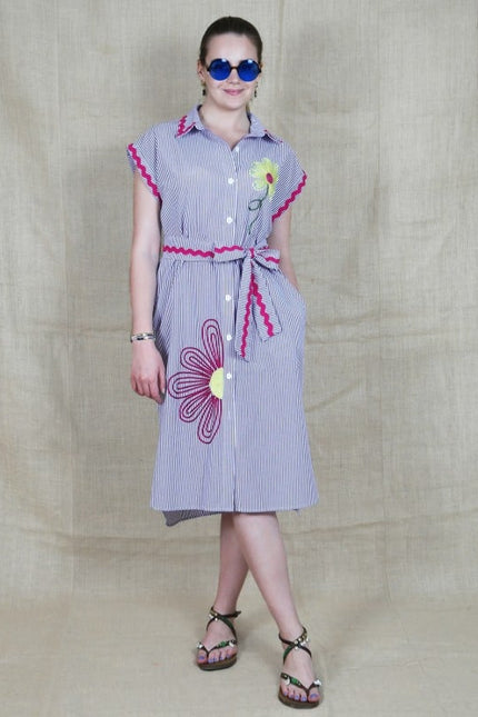Lalipop Design | Pinstripe Midi Dress With Flower Embroidery