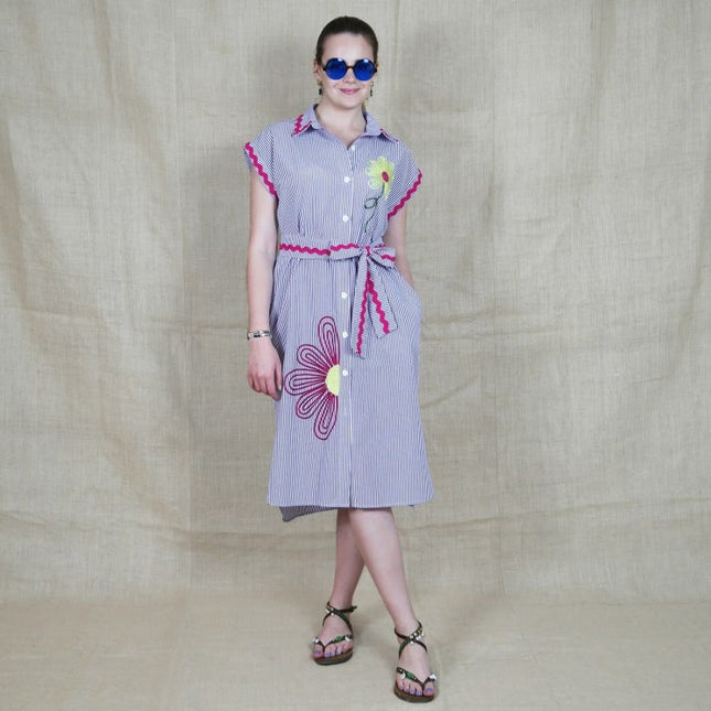 Lalipop Design | Pinstripe Midi Dress With Flower Embroidery